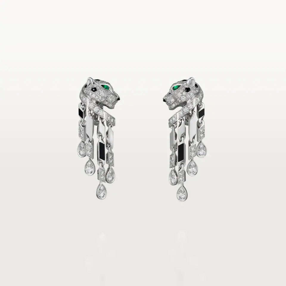 Cartier Panthère de Cartier Earrings Small Model Paved Onyx Emeralds Diamonds 18K White Gold