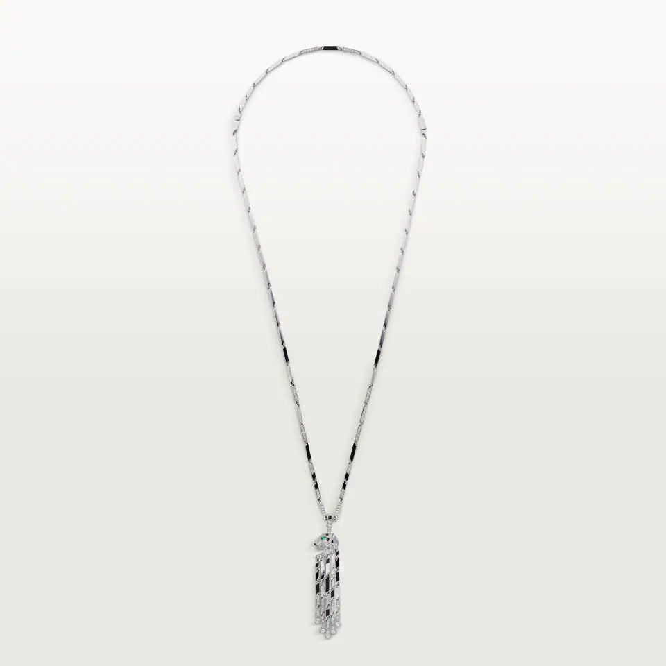 Cartier Panthère de Cartier Long Necklace Small Model Paved Onyx Emeralds Diamonds 18K White Gold