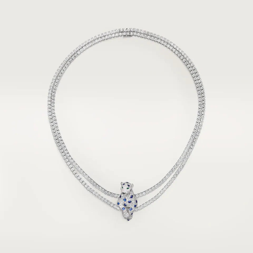 Cartier Panthère de Cartier Necklace Sapphire Multi-Wear Paved Emerald Onyx Diamonds 18K White Gold