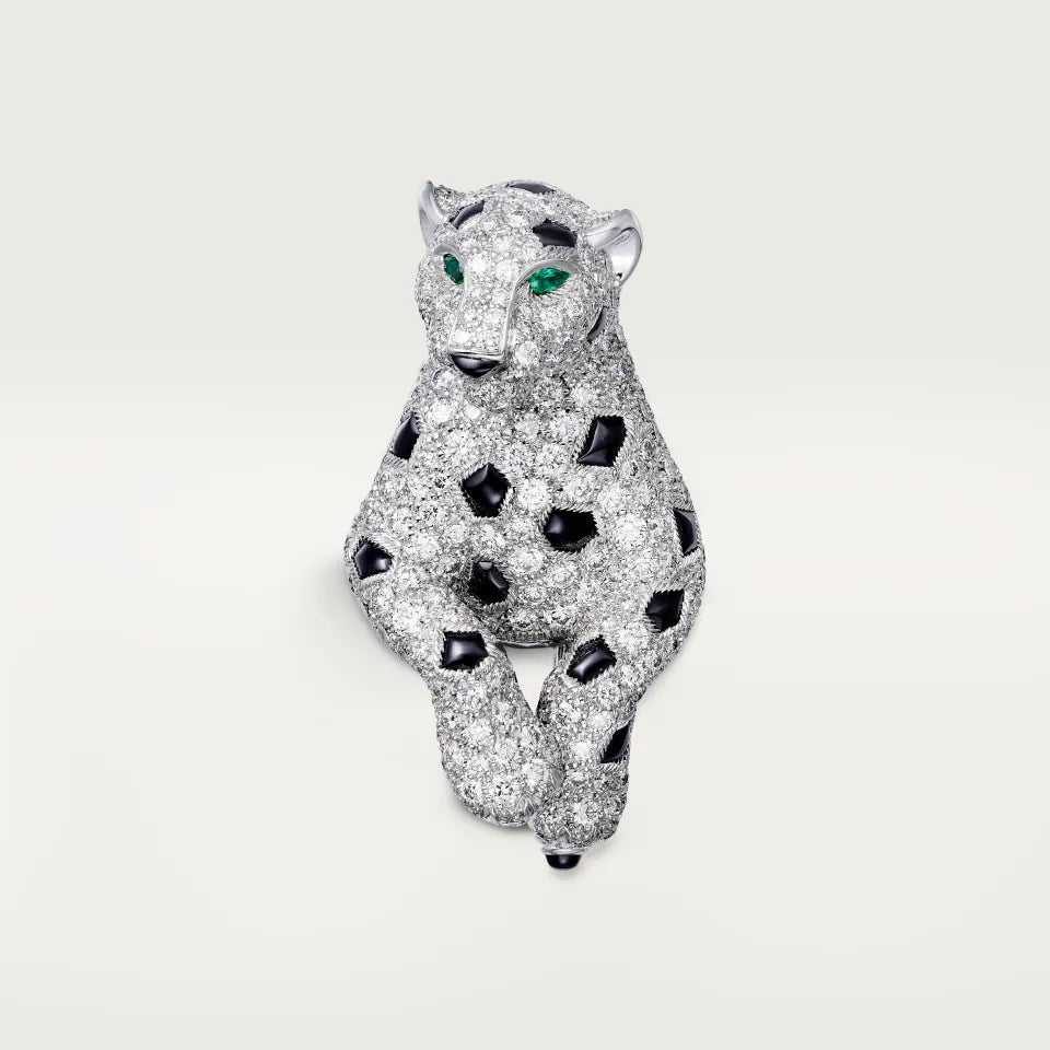 Cartier Panthère de Cartier Brooch Paved Onyx Emeralds Diamonds 18K White Gold