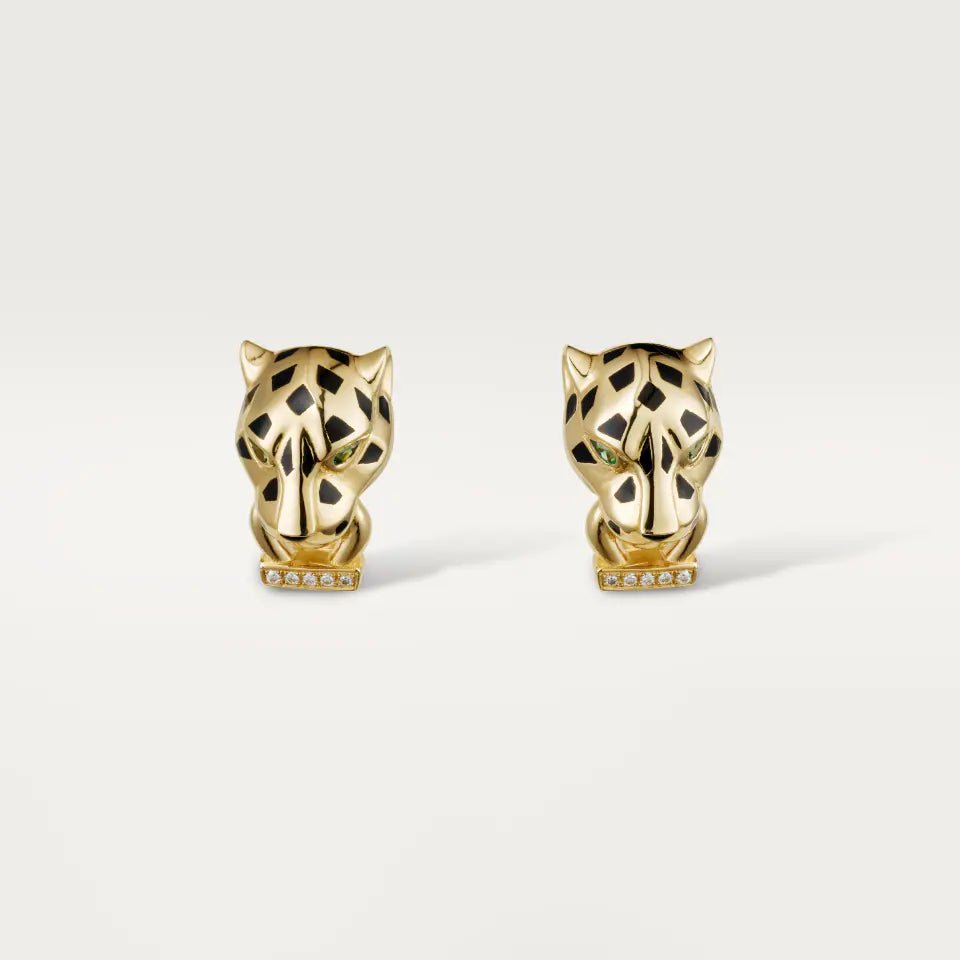 Cartier Panthère de Cartier Earrings Diamonds Lacquer Tsavorite Garnets Onyx 18K Yellow Gold