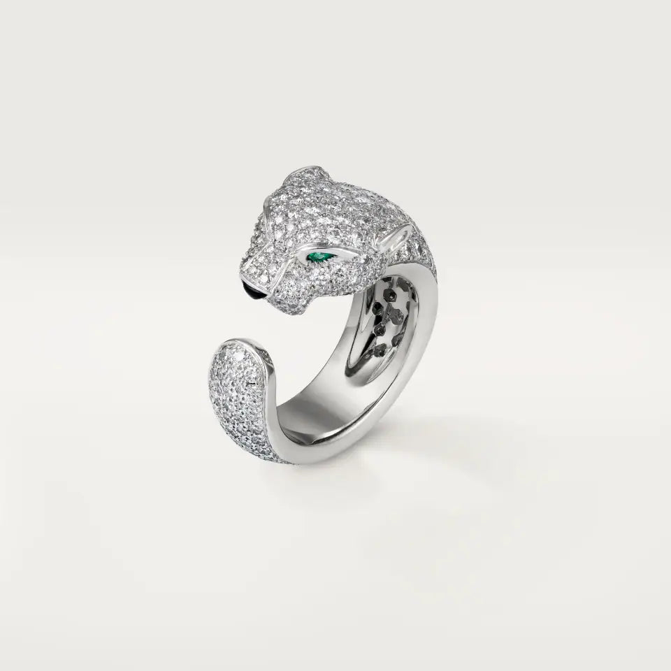 Cartier Panthère de Cartier Ring Medium Model Paved Emeralds Onyx Diamonds 18K White Gold