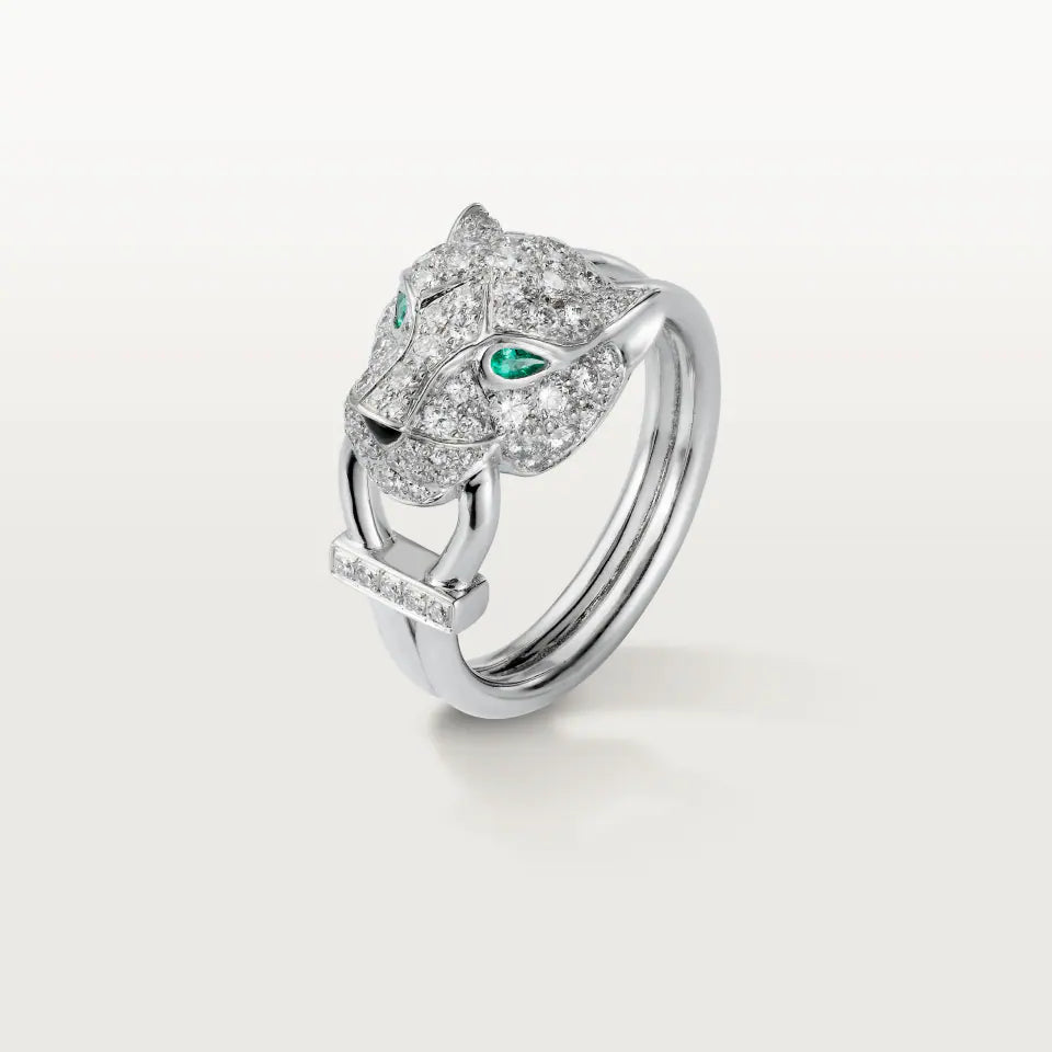Cartier Panthère de Cartier Ring Paved 0.75 Ct Emeralds Onyx Diamonds 18K White Gold