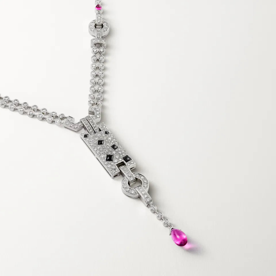 Cartier Panthère de Cartier Necklace Rubellite Paved 6.20 Ct Onyx Emeralds Diamonds 18K White Gold