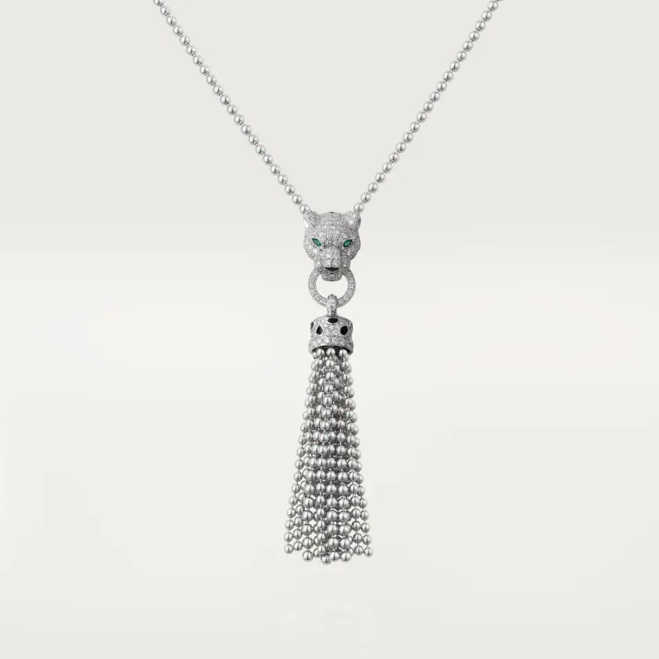 Cartier Panthère de Cartier Necklace Half-Paved Black Lacquer Emeralds Diamonds 18K White Gold