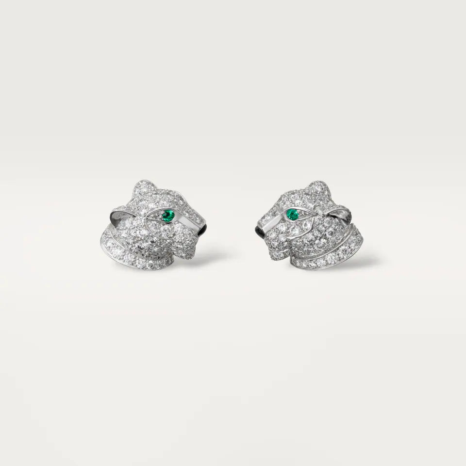 Cartier Panthère de Cartier Stud Earrings Paved 1.54 Ct Emeralds Onyx Diamonds 18K White Gold