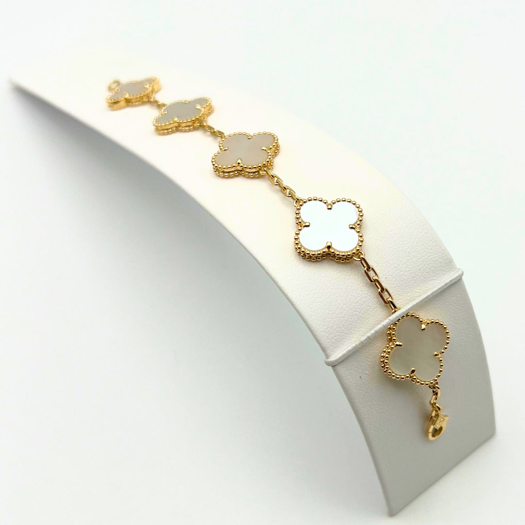 Van Cleef & Arpels Vintage Alhambra Bracelet 5 Motifs White Mother-Of-Pearl 18K Yellow Gold