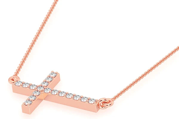 0.10ct Diamond Sideways Cross Connected Necklace 18K Solid Gold