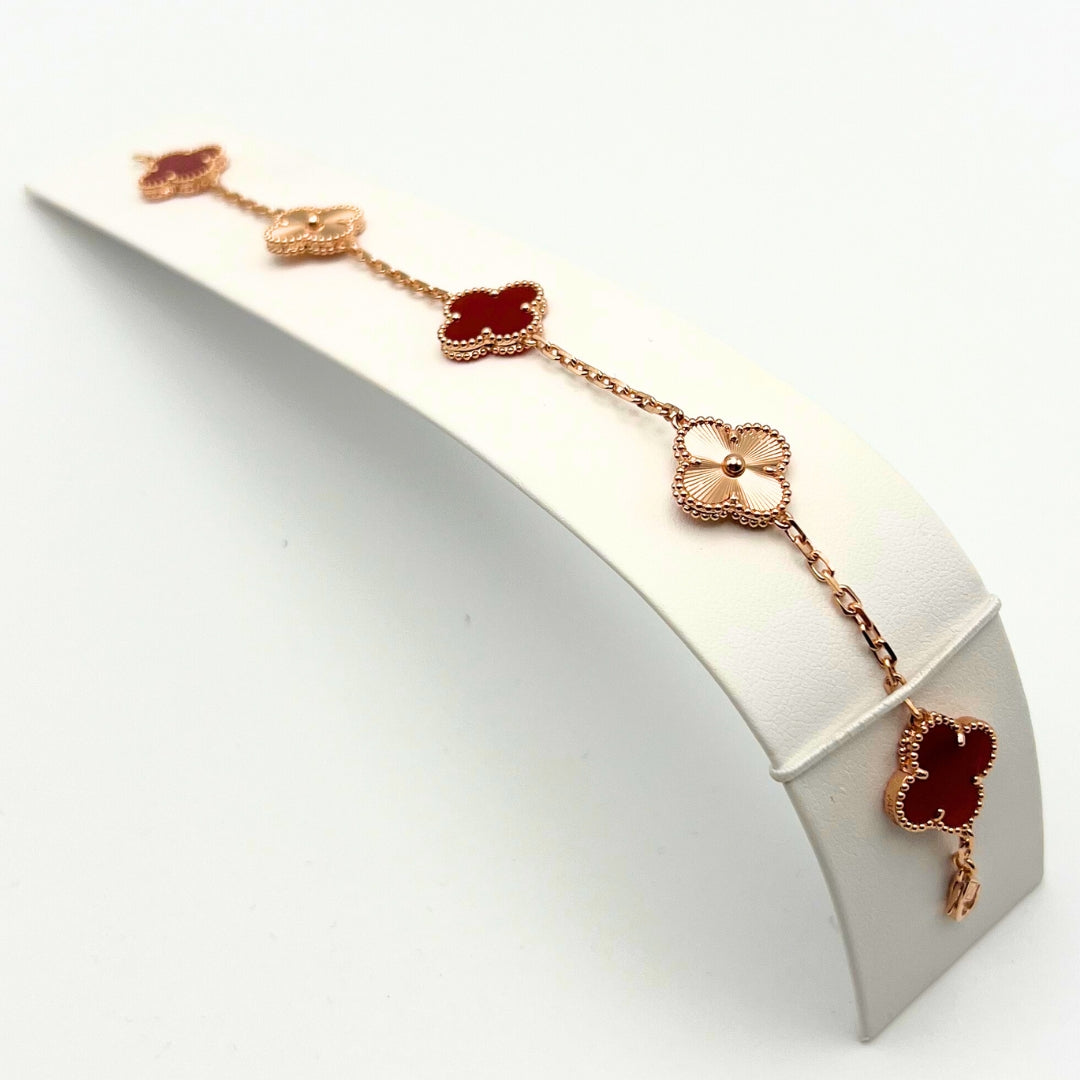 Van Cleef & Arpels Vintage Alhambra Bracelet 5 Motifs Cornaline Or Rose 18 Carats