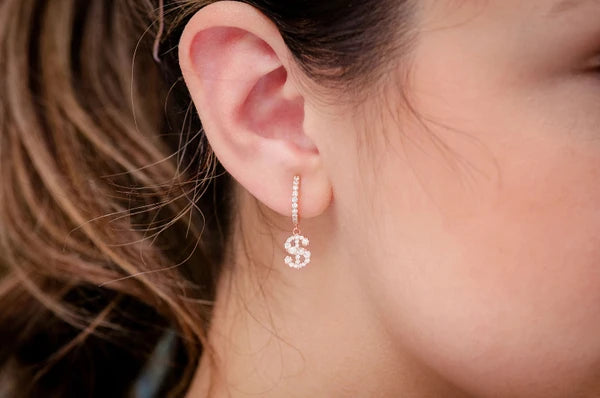 Erkals Jewellers Dangling Dollar Sign Huggie Hoop Earrings 18K Gold 0.65ctw