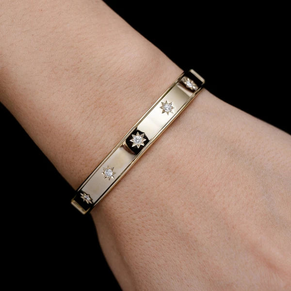 Erkals Jewellers Satin Diamond Star Bangle Bracelet 18K Gold 0.40ctw