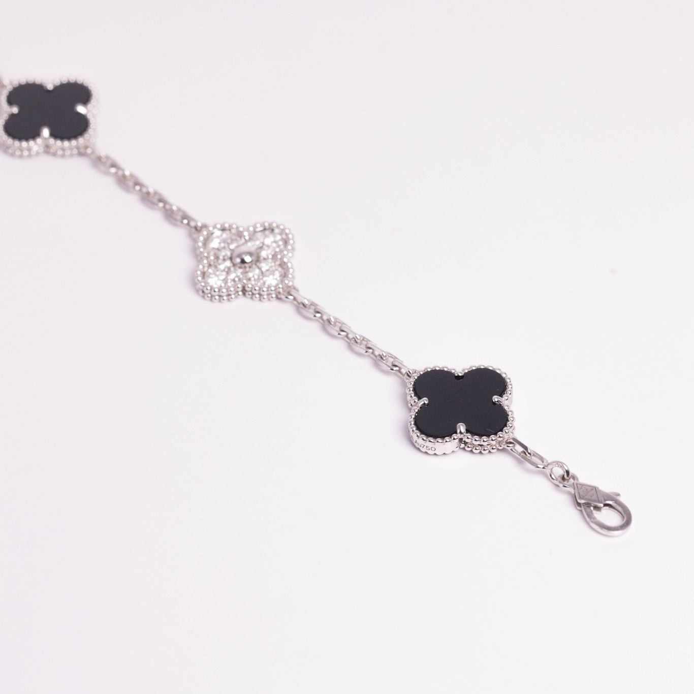 Van Cleef & Arpels Vintage Alhambra Bracelet 5 Motifs Diamonds Onyx 18K White Gold