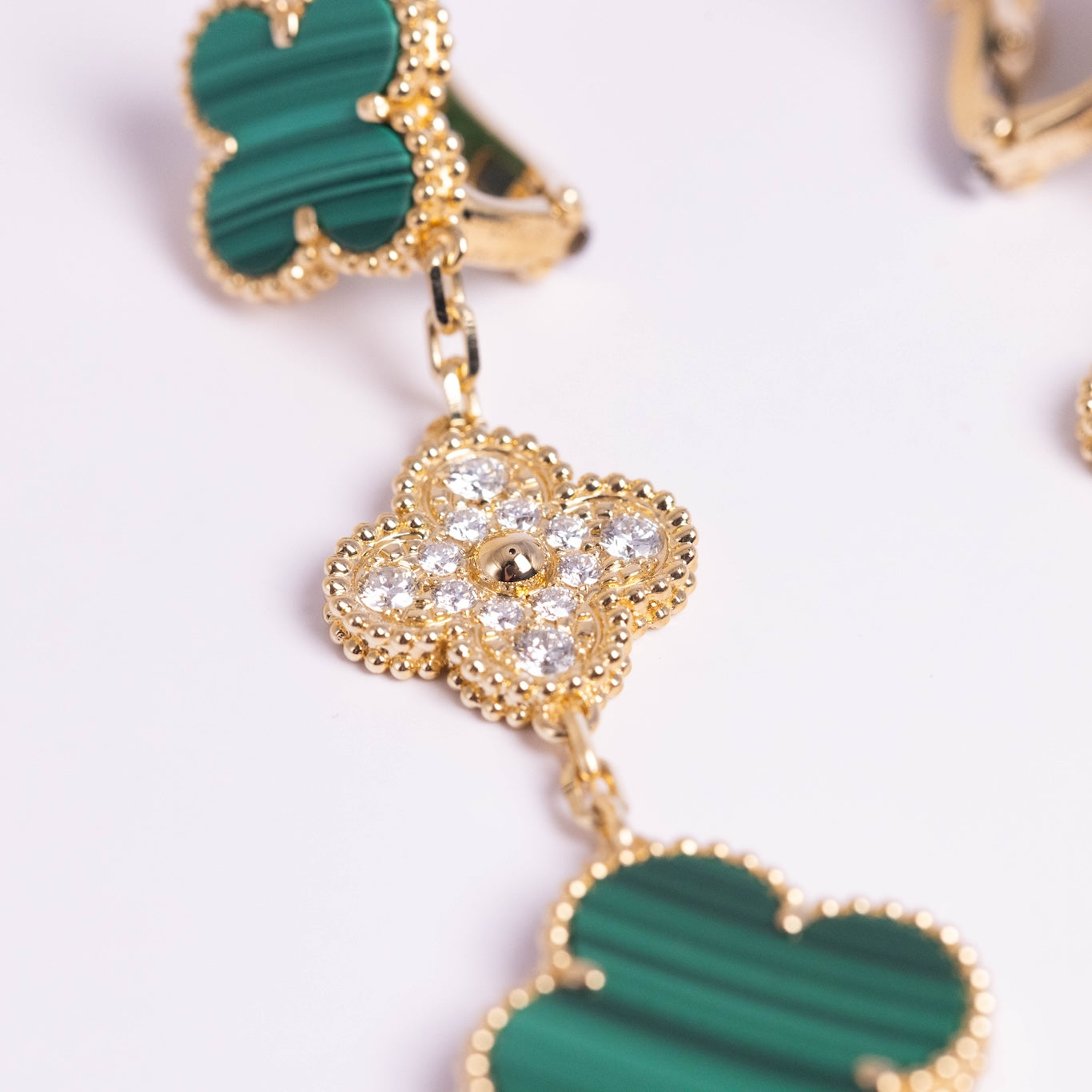 Van Cleef & Arpels Magic Alhambra Earrings 3 Motifs Diamonds and Malachite 18K Yellow Gold