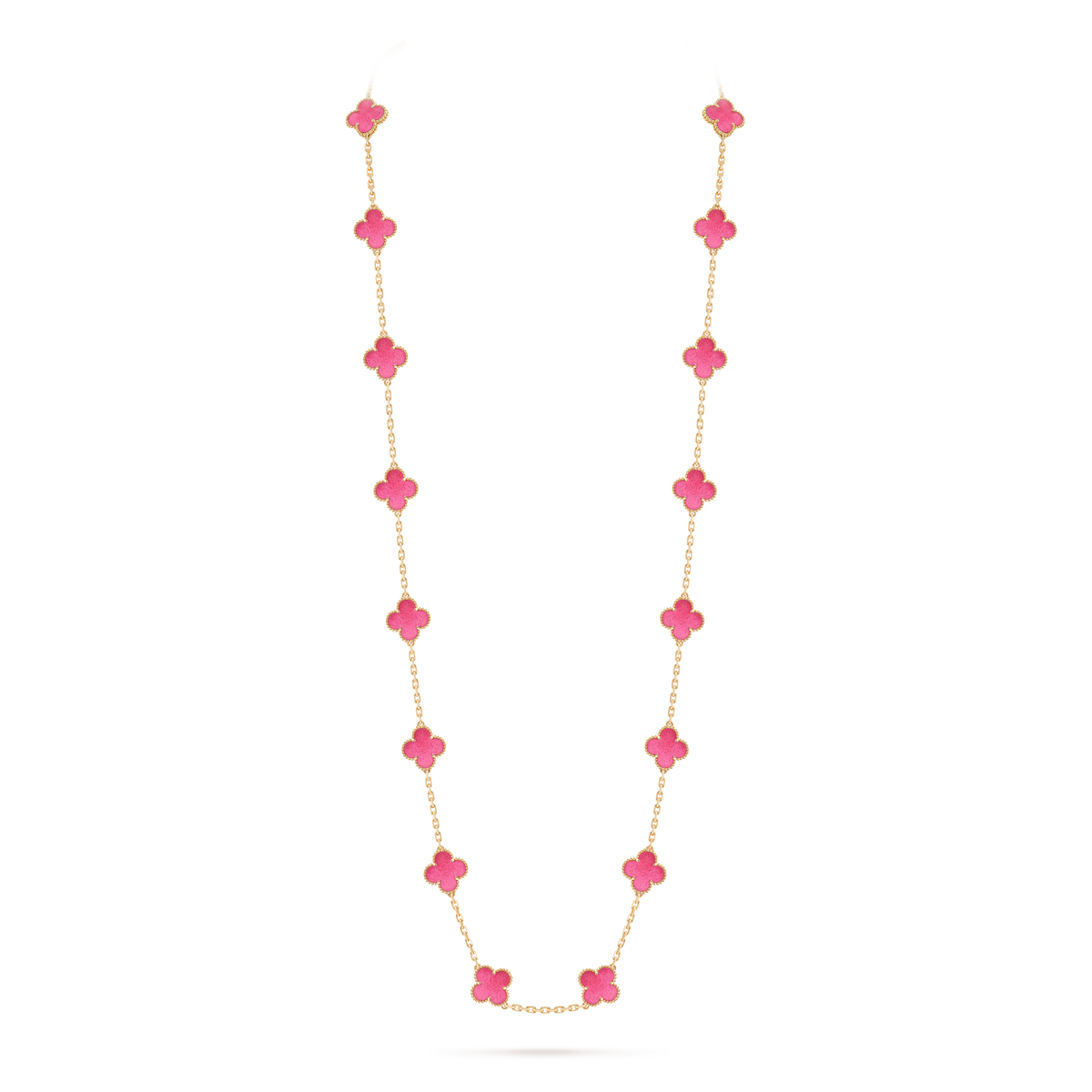 Van Cleef & Arpels Vintage Alhambra 20 Motifs Pink Enamel Necklace 18K Yellow Gold