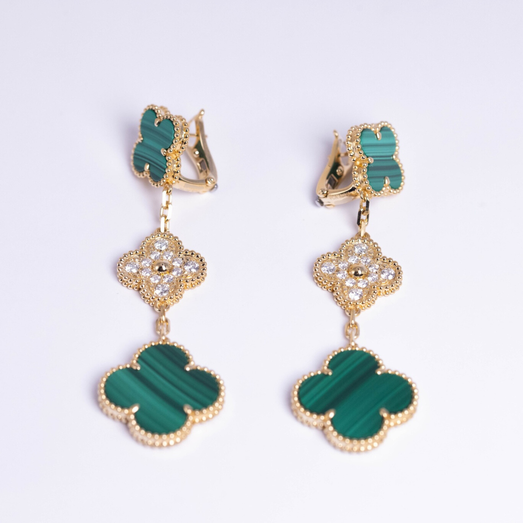 Van Cleef & Arpels Magic Alhambra Earrings 3 Motifs Diamonds and Malachite 18K Yellow Gold