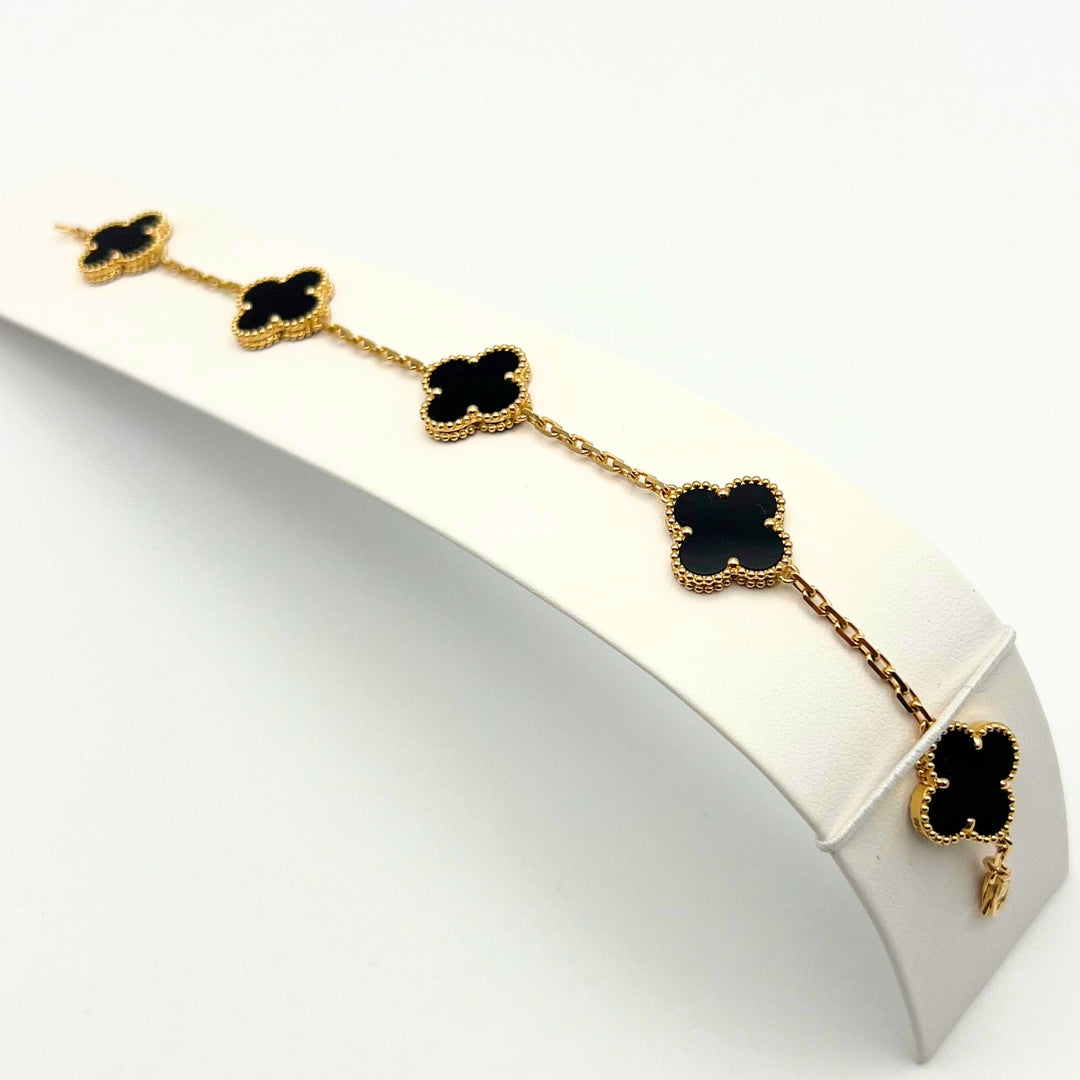 Van Cleef & Arpels Bracelet Alhambra Vintage 5 Motifs Onyx Or Jaune 18 Carats