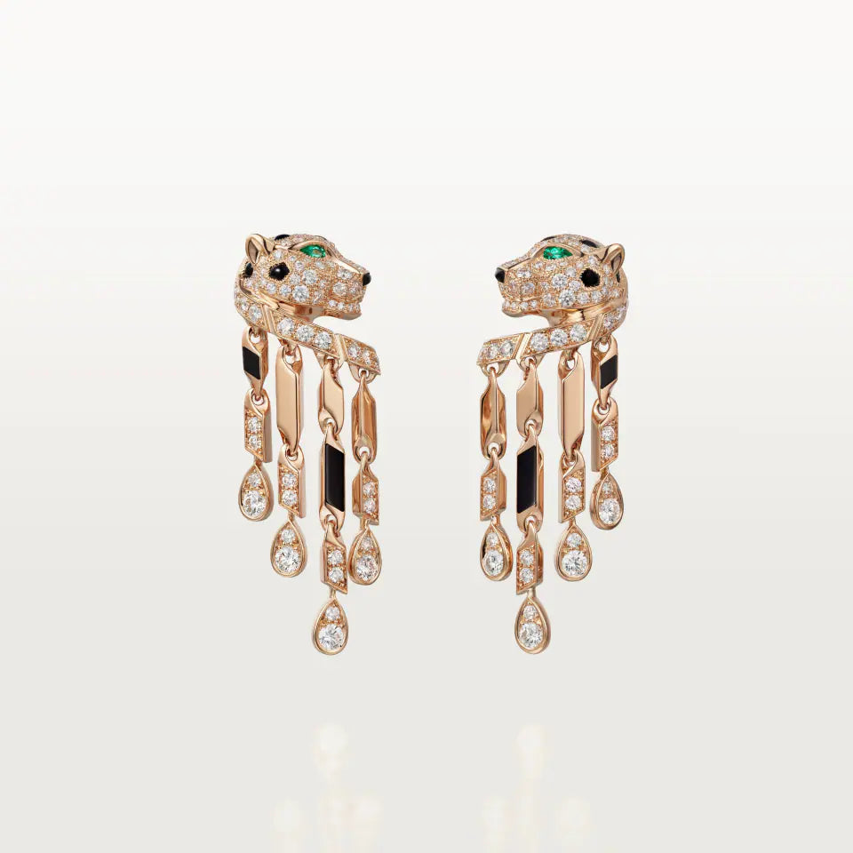Cartier Panthère de Cartier Earrings Small Model Paved Onyx Emeralds Diamonds 18K Rose Gold