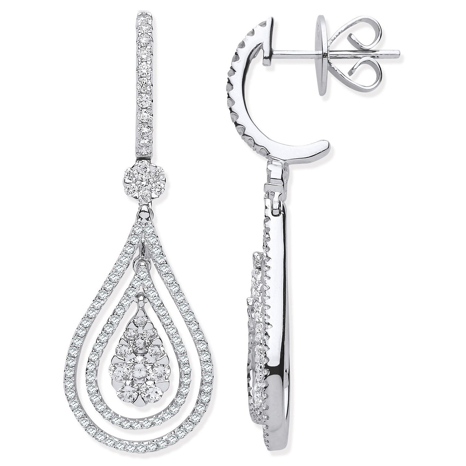 18ct WG 1.17ct Fancy Pear Shaped Grain Set Drop Earrings
