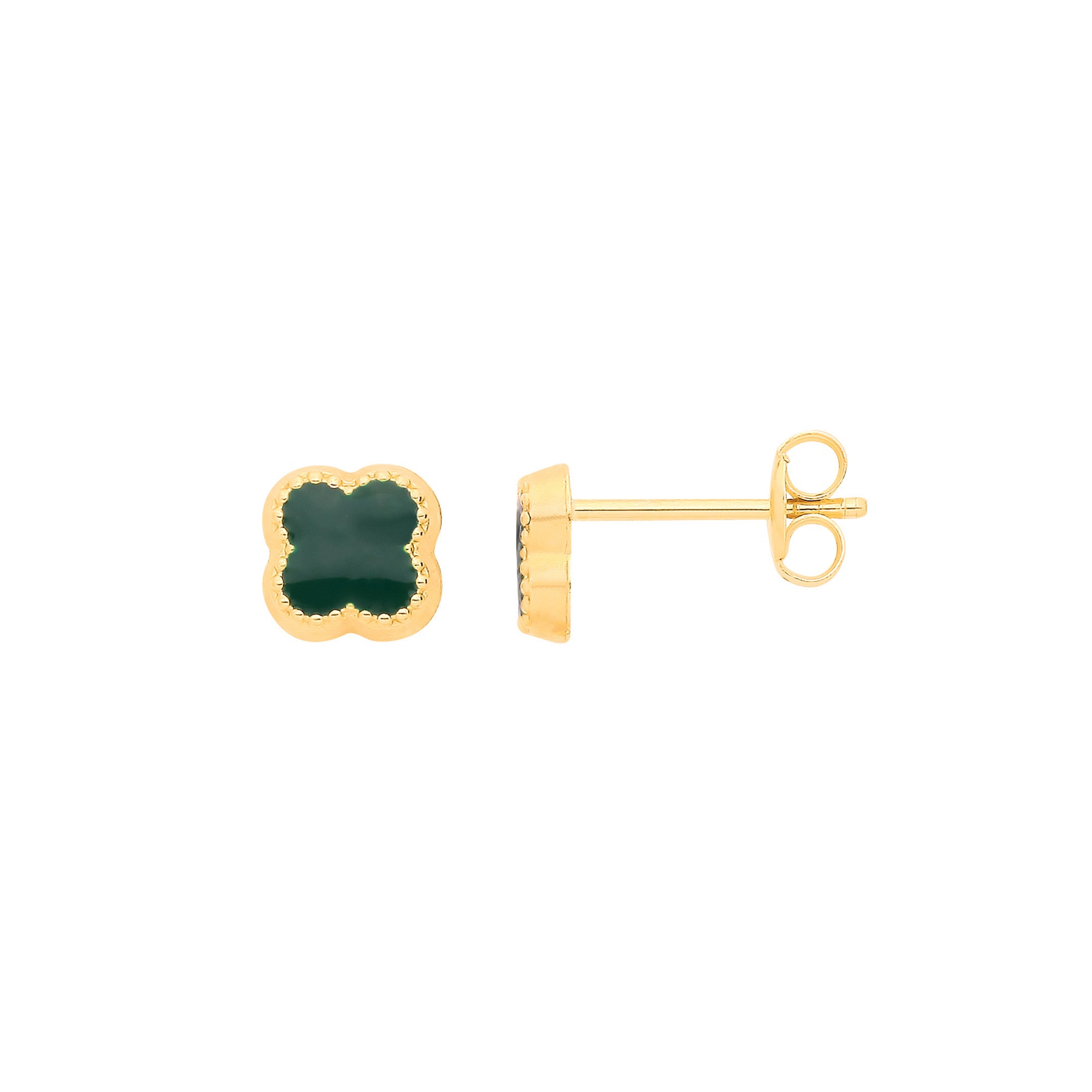 9ct Y/G Four Leaf Clover GREEN Enamel 5.5mm Stud