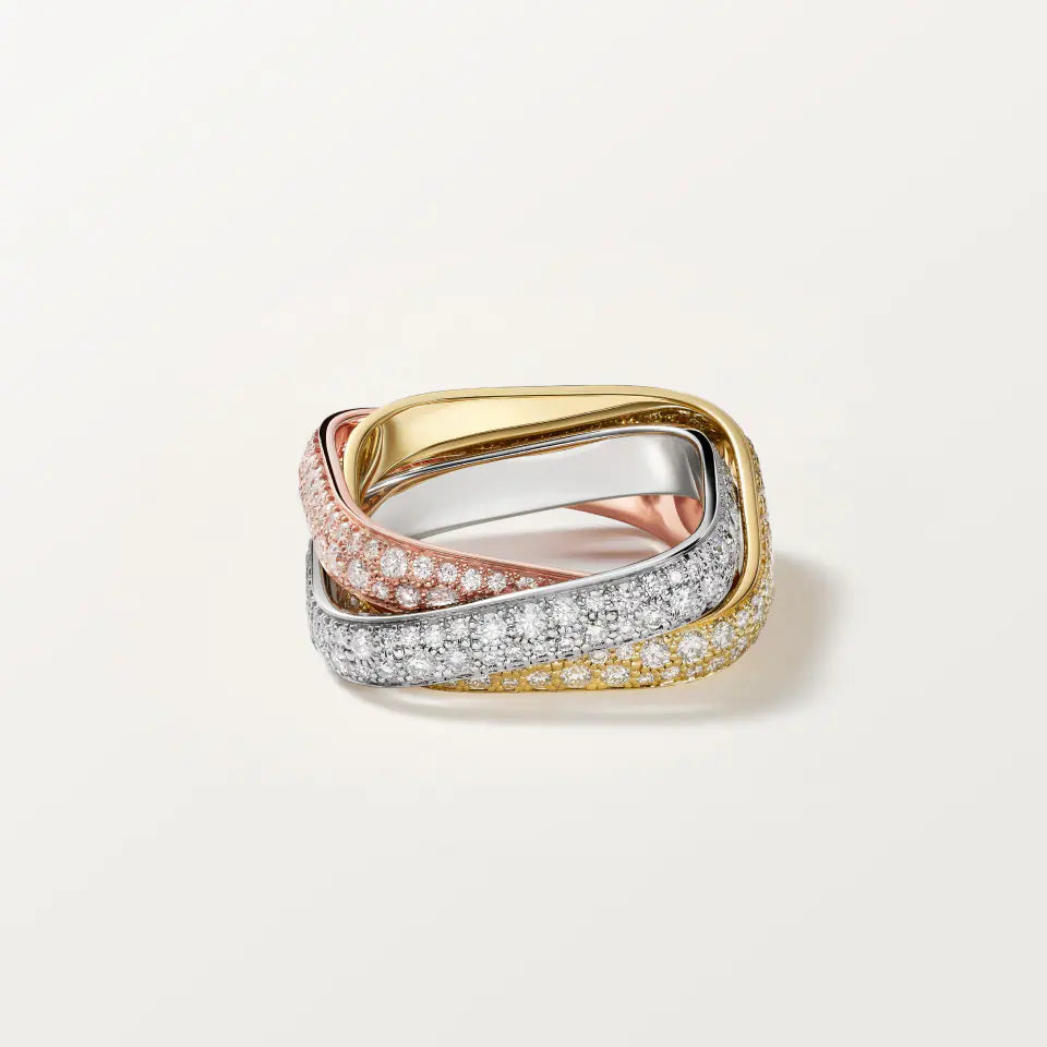 Cartier Trinity Cushion Ring Classic Model Paved Diamonds 18K White, Yellow & Rose Gold