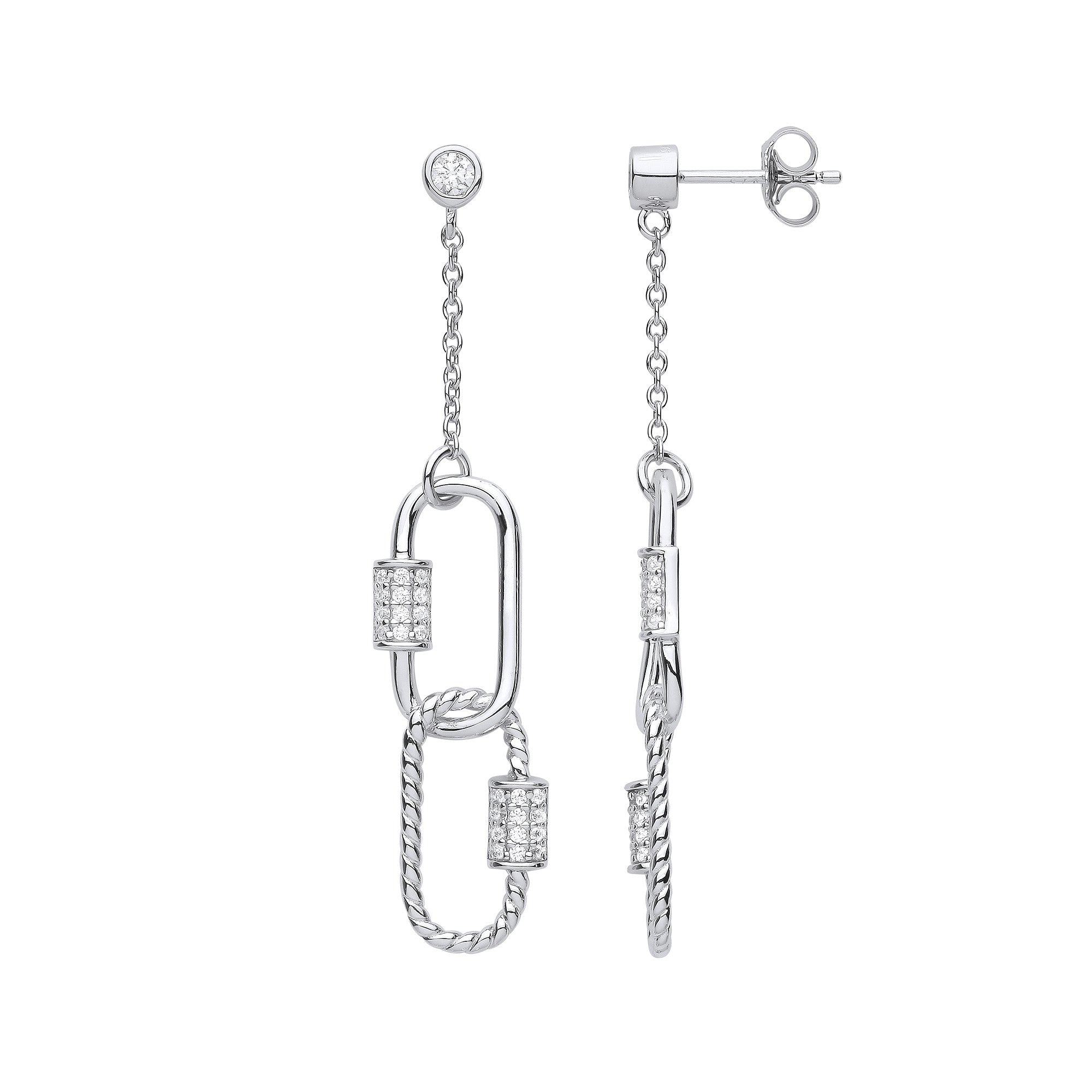 Silver Paper Clip CZ Drop Earrings