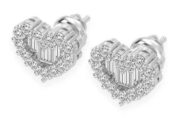 0.80ct Diamond Baguette Heart Stud Earrings 18k Solid Gold