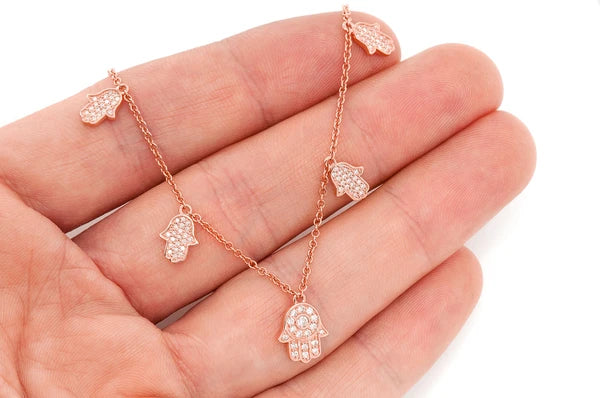 0.40ct Diamond 5 Hamsa Rolo Connected Necklace 18K Solid Gold