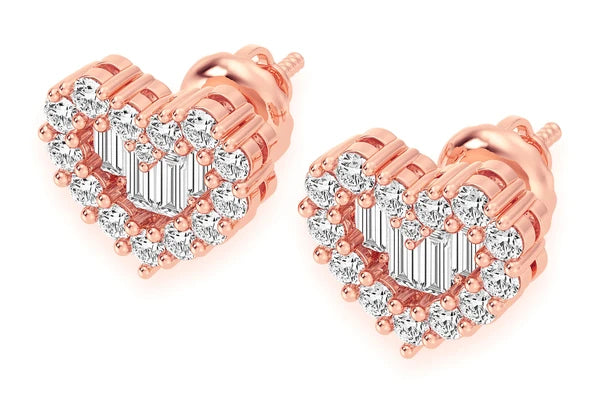 0.80ct Diamond Baguette Heart Stud Earrings 18k Solid Gold