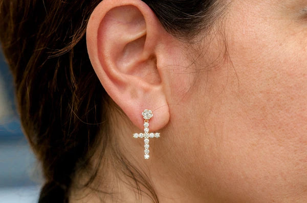 Erkals Jewellers Dangling One Row Cross Stud Earrings 18K Gold 1.25ctw