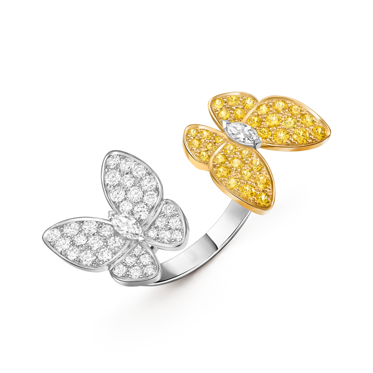 Van Cleef & Arpels Two Butterfly Yellow Sapphire Diamond Between the Finger Ring 18K White & Yellow Gold