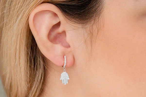 Erkals Jewellers Dangling Hamsa Huggie Earrings 18K Gold 0.50ctw