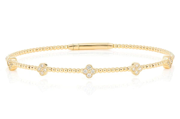 Beaded And Diamond Clover Milgrain Flex Bangle Bracelet 0.33ctw 18K Gold