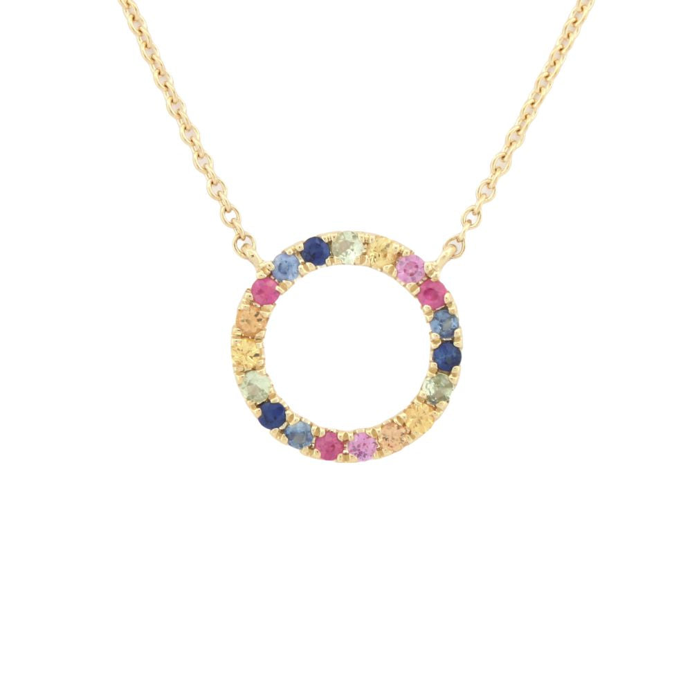 9ct Yellow Gold 0.25ct Rainbow Saph Circle Pendant - 16+2" Chain