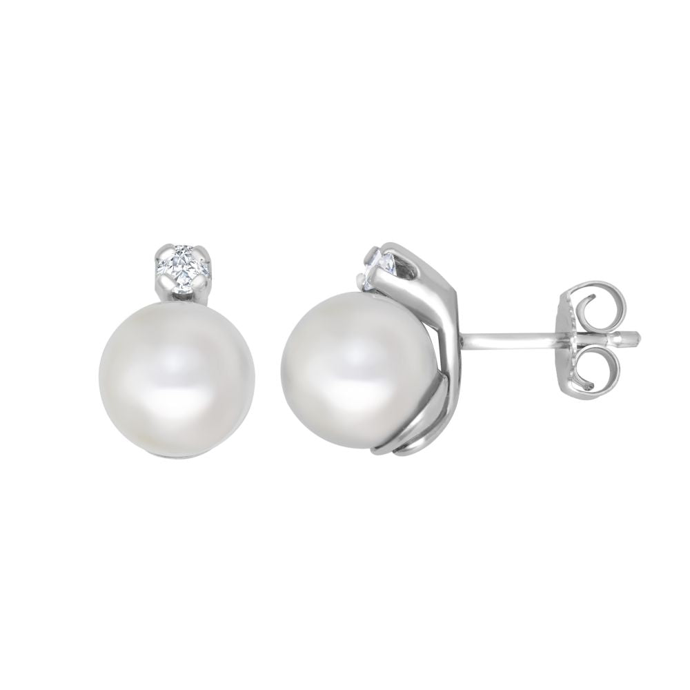 9ct White Dia-10pts 7.0-7.5mm Cultured Pearl Stud Earrings