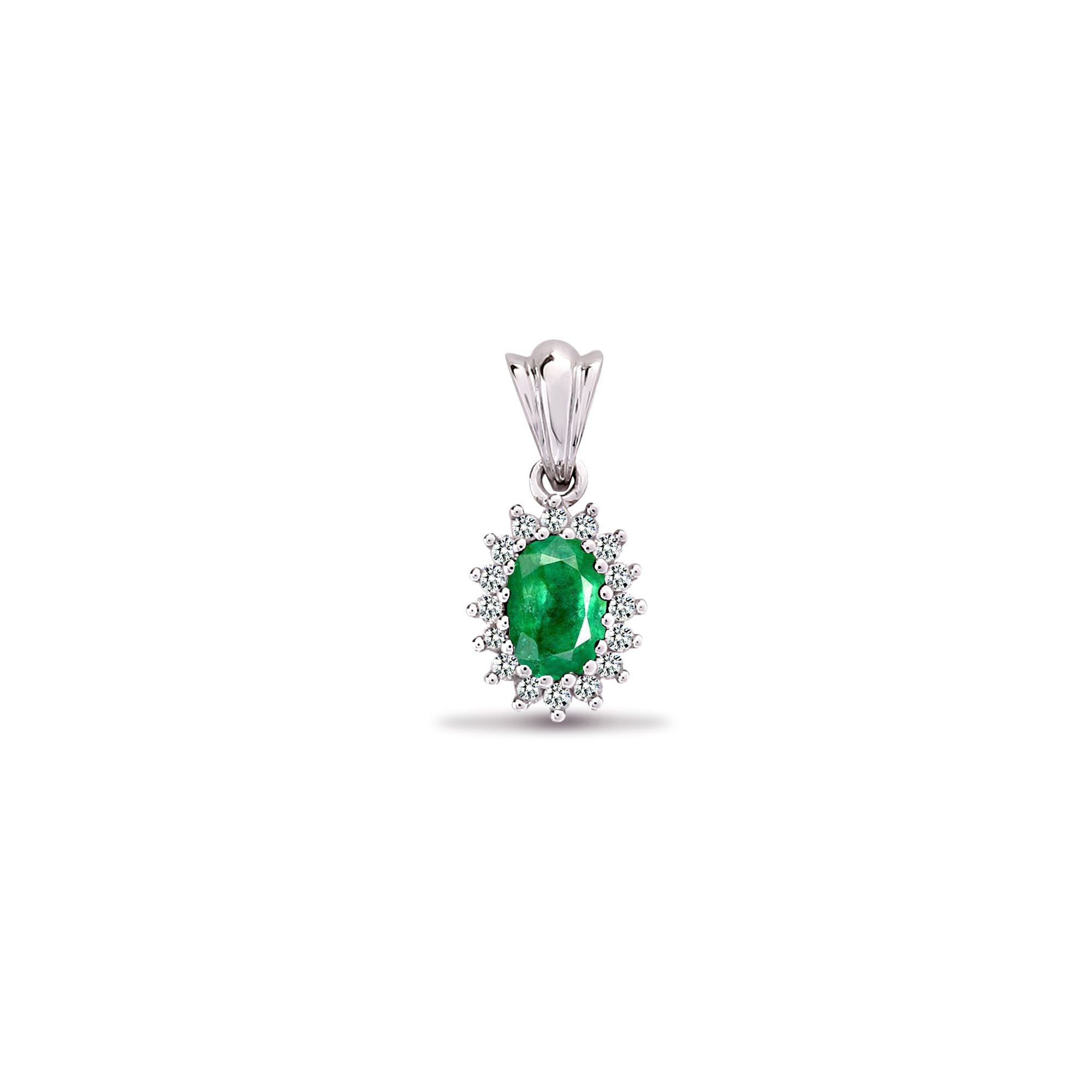9ct White Gold Natural Diamond And Emerald Pendant