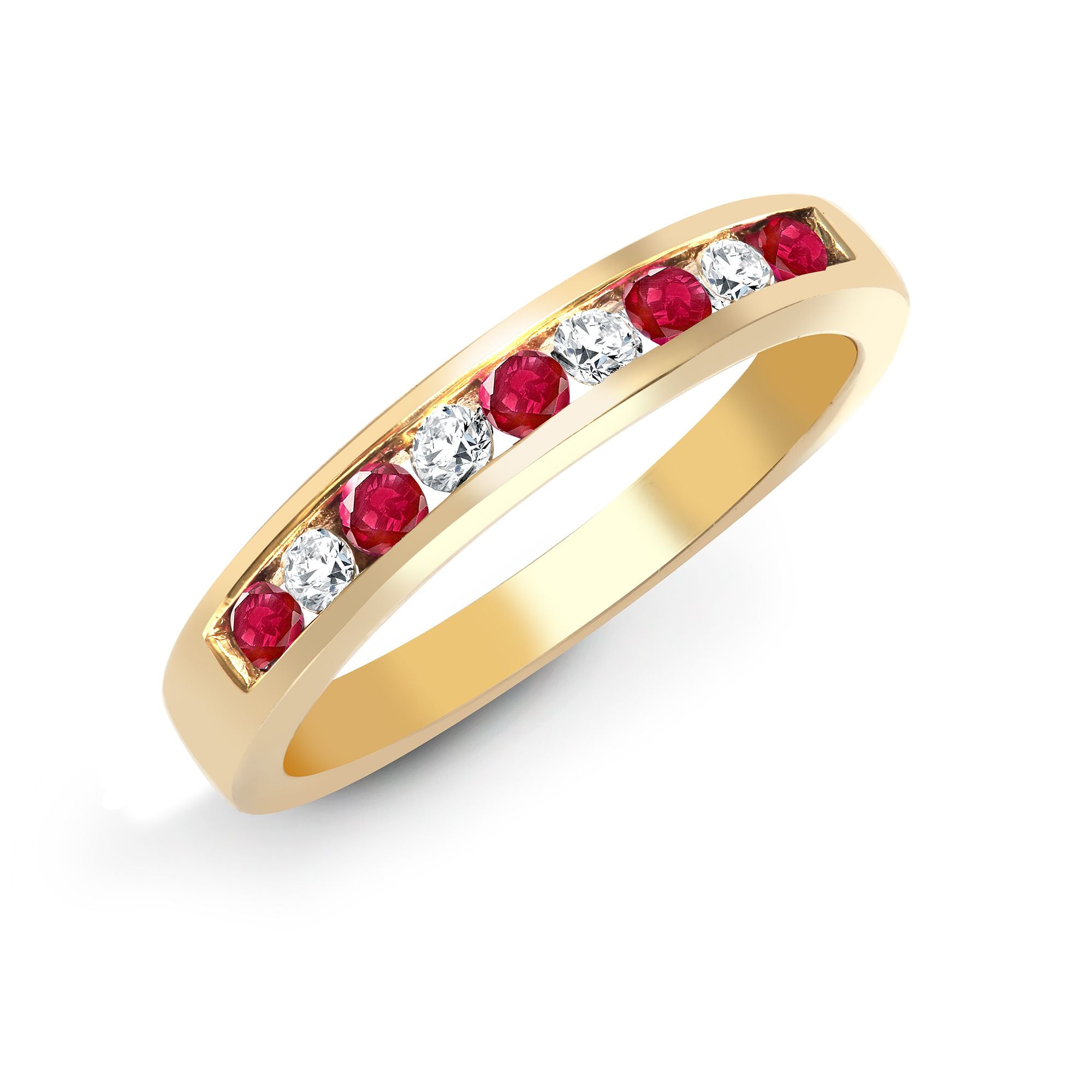 9R032 | 9ct Yellow Gold Natural Diamond 14pts & Ruby 26pts Channel Set Half Eternity Ring