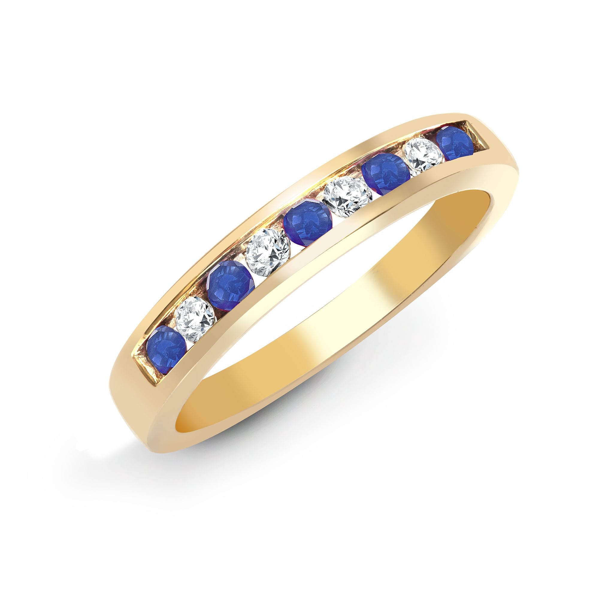 9ct Yellow Gold Natural Diamond 14pts & Sapphire 26pts Channel Set Half Eternity Ring