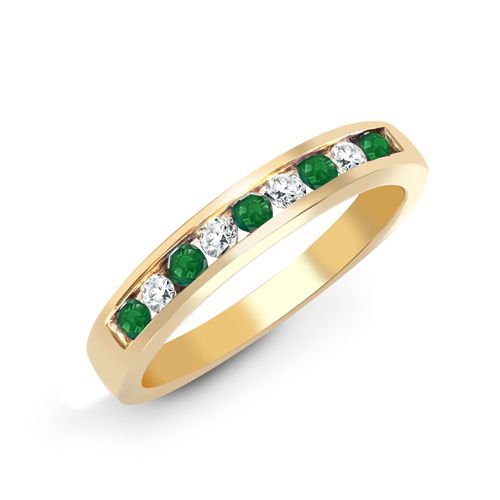 9ct Yellow Gold Natural Diamond 14pts & Emerald 26pts Channel Set Half Eternity Ring