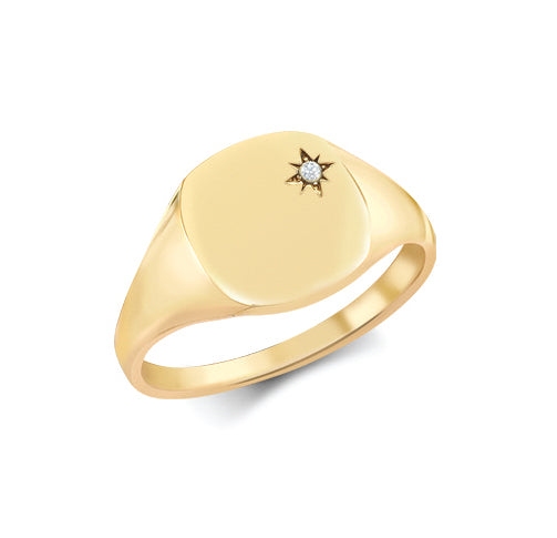 9ct Yellow Gold 0.03cts Diamonds Star-set Cushion Signet Ring
