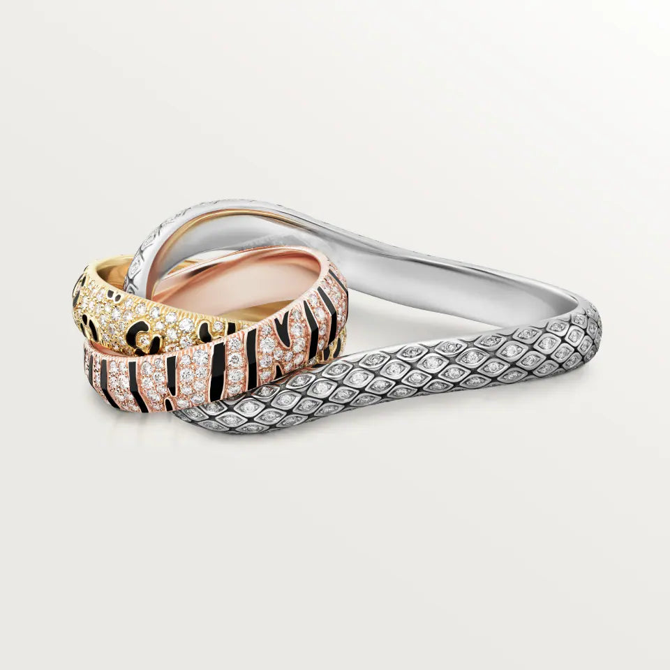 Cartier Trinity Two-Finger Ring Black Lacquer Paved Two-Finger Diamonds 18K Yellow, Rose & White Gold