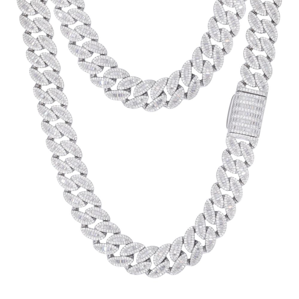 925 Silver Baguette Cubic Zirconia Set Cuban Chain 14.0mm