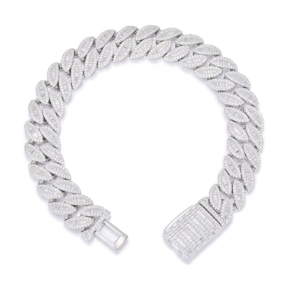 925 Silver Baguette Cubic Zirconia Set Cuban Chain 14.0mm