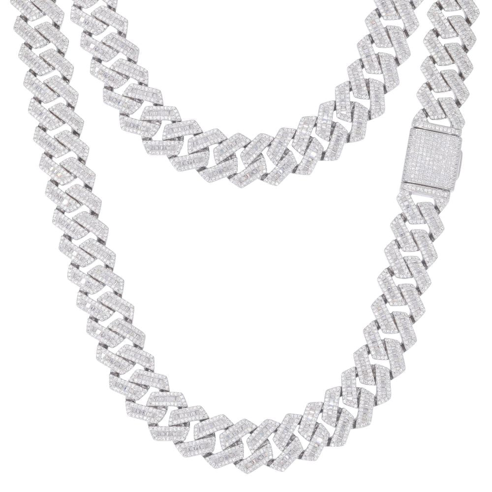 925 Silver Baguette Cubic Zirconia Set Cuban Chain 12.0mm