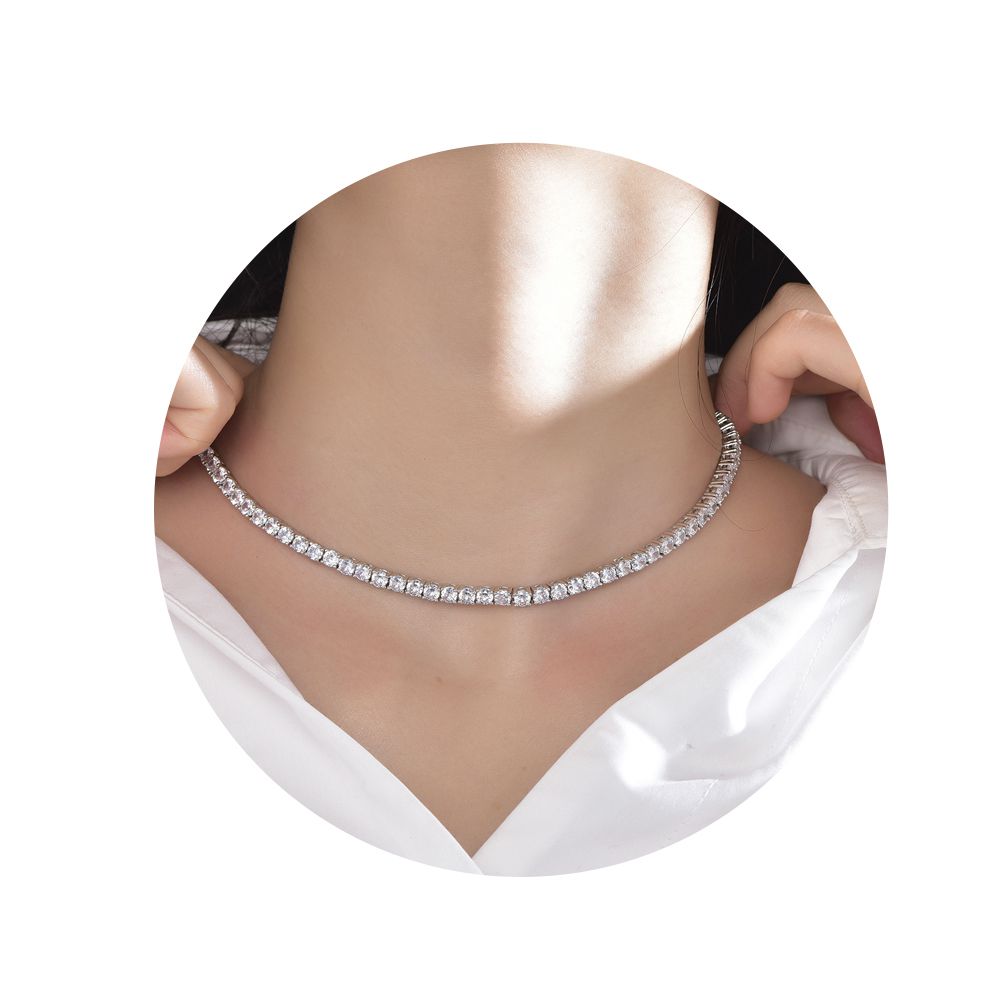 925 Silver Cubic Zirconia Set Tennis Necklace 4.0mm 17 Inch