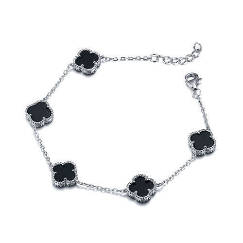925 Silver Rhodium Clover Bracelet Onyx