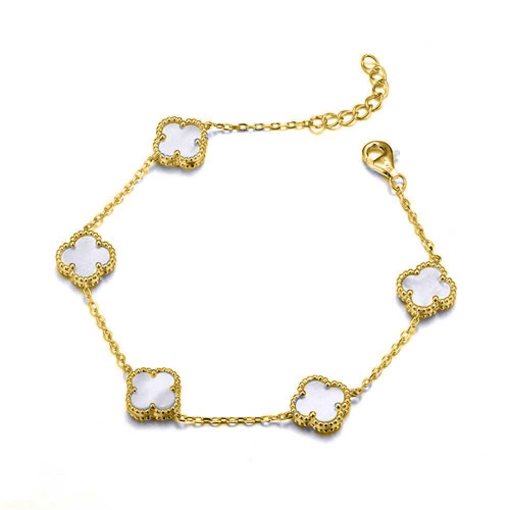 925 Silver 14ct Gold Plated MOP 5 Clover Bracelet