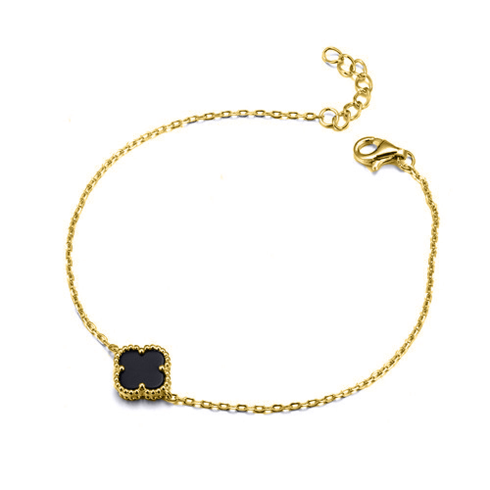 ABB223-GP | 925 Silver 14ct Gold Plated Onyx Clover Bracelet