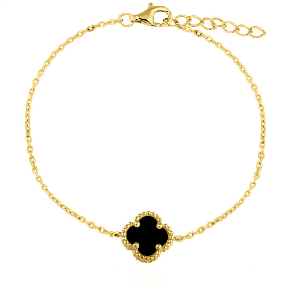 925 Silver 14ct Gold Plated Onyx Clover Bracelet