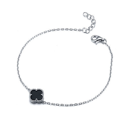 925 Silver Rhodium Clover Bracelet Onyx