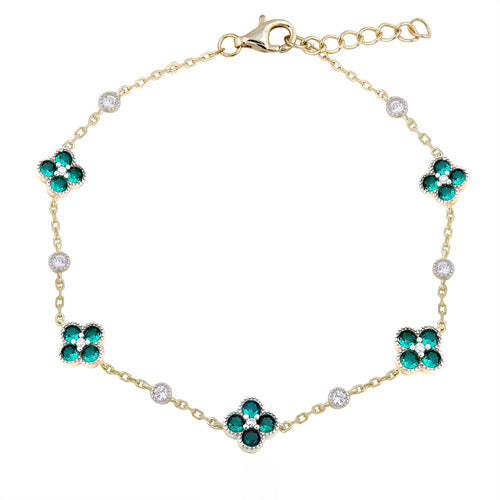 925 Silver 14ct Gold Plated Cubic Zirconia Set Clover Bracelet Green